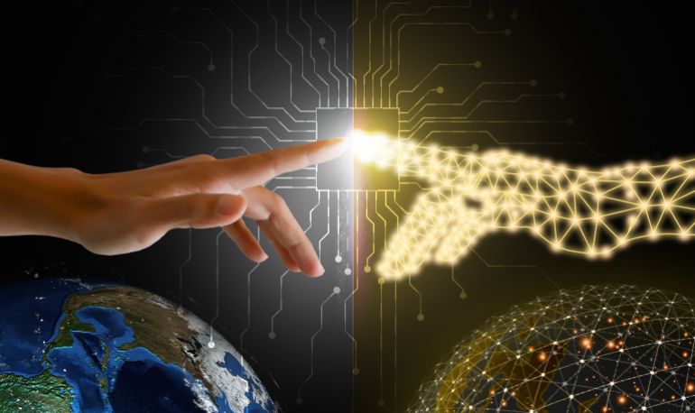 Digital twins concept. A finger touches and connects with digital finger to activate both the physical and digital worlds with a single push. Business and technology simulation modeling