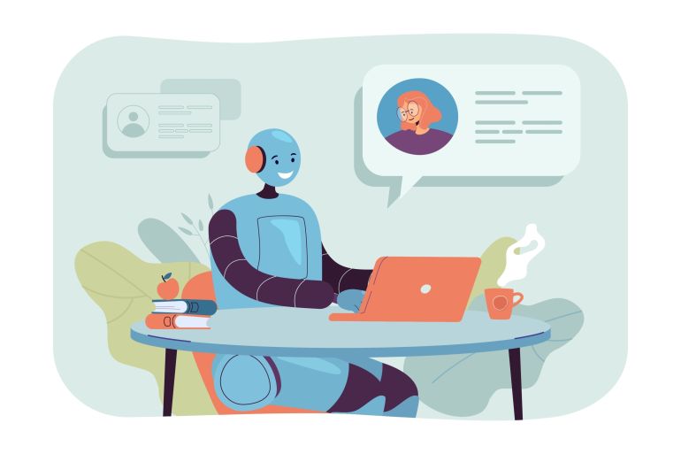 Happy comic robot helping client via laptop vector illustration. Cartoon drawing of robotic character as assistant, chatbot virtual assistance. Customer support, AI, technology, communication concept