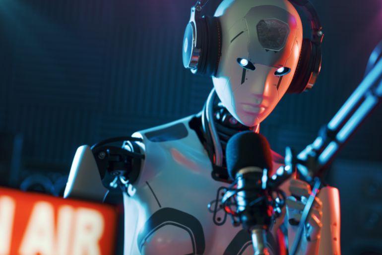 Humanoid AI robot working at the radio station studio, artificial intelligence and entertainment concept