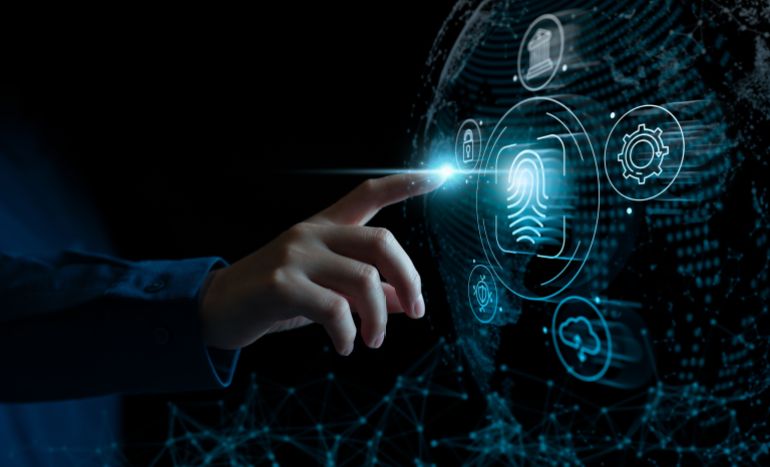 Businesswomen login with fingerprint scanning access technology biometrics identification a digital tablet, Authentication security systems and prevent hacker, future technology and cybernetics.