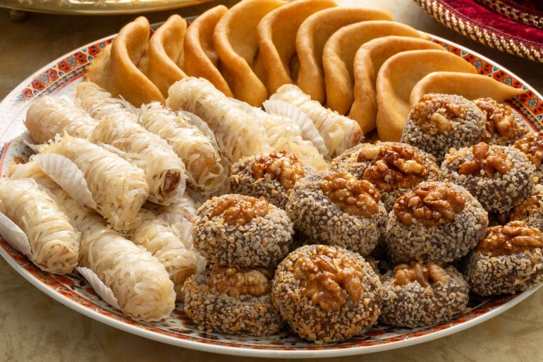 Plate with a variation of traditional festive Moroccan cookies close up