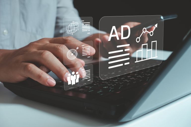 Business digital marketing commerce online sale concept. People use laptop to advertise on website. Planning, advertising marketing strategies to target social media native, ad, advertisers, sales.