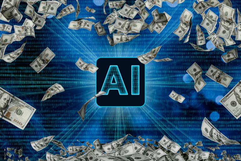 AI, artificial intelligence concept. Typhoon of hundreds usd dollars banknotes. Money wallpaper background with US dollar bills. Flying, levitating american cash.