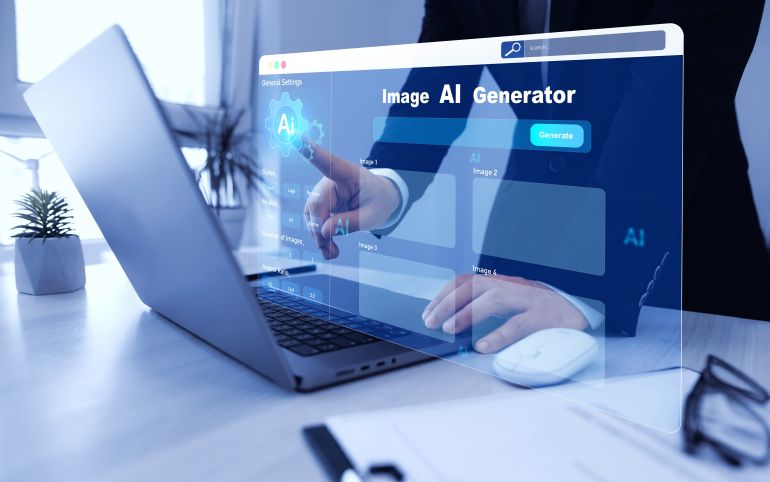 AI image creation service technology.Person using AI software to generate images with futuristic platform user interface. Image AI generator conceptArtificial Intelligence Image Content Generator.