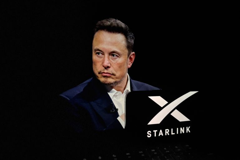 Toronto, Canada - November 16 2024 Starlink is a satellite internet constellation operated by Starlink Services, owned by spaceX.Elon musk concept in background with spaceX logo up front. ; Shutterstock ID 2546423521; purchase_order: aj; job: ; client: ; other:
