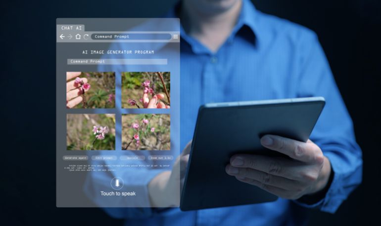 AI image generator. A man uses a program, artificial intelligence assistant, on his tablet to generate photographs by Ai intelligence.