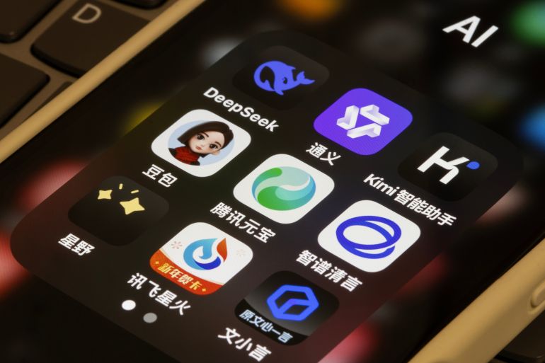 Beijing, China - Feb 13, 2025: Assorted Chinese AI apps, including DeepSeek, Qwen, Kimi, Doubao, Tencent Yuanbao, Zhipu Qingyan, Xingye, iFlytek Spark, and Baidu Wenxiaoyan - are seen on an iPhone.