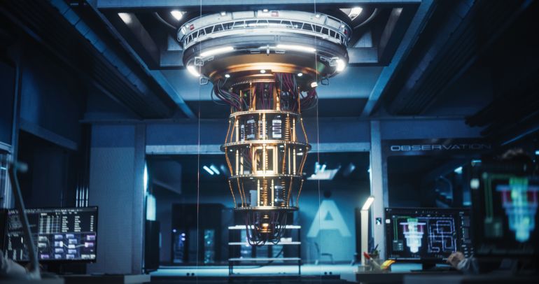 Establishing Shot with an Empty Office with a Quantum Computer Surrounded by Monitors Displaying Complex Data, Software Source Code, Artificial Intelligence Models. Innovation and Technology Concept