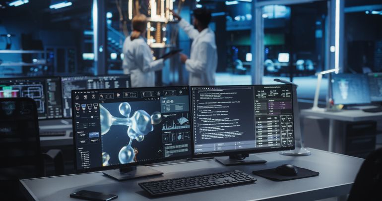 shutterstock_2615909753-1779627569 Technology Laboratory with Desktop Computers with Molecular Modelling Software. Scientific Lab, Bioengineering Research Center with Quantum Computer and Scientists Working in the Background