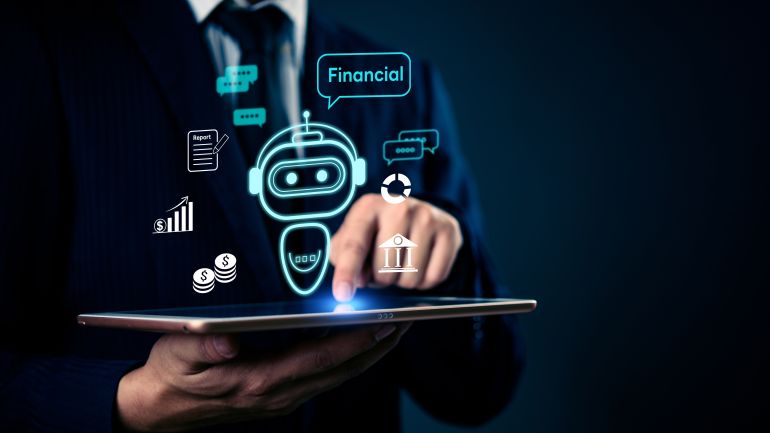 shutterstock_2626865717-1779879654 AI financial assistant robot interface on tablet screen. Fintech chatbot, digital banking, and automation in business finance innovation investment and money management modern virtual advisor systems.