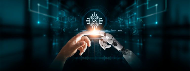 shutterstock_2627569603-1779879659 Fintech: Hands of Robot and Human Touch Fintech Solutions of Global Networking, Financial Innovation, Seamless Integration with Digital Technologies of the Future.