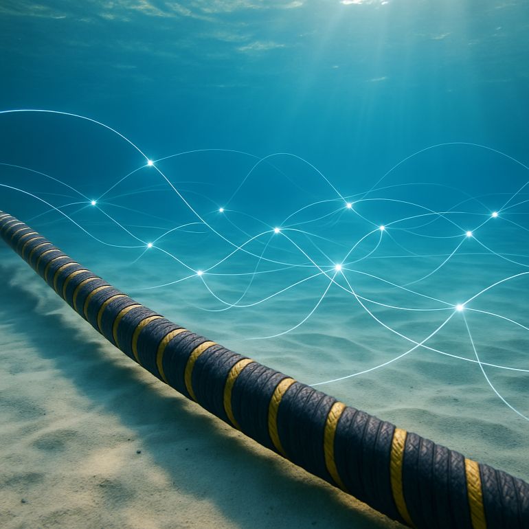 Large underwater telecommunication cable, network of connected lines, digital connectivity visualization, soft ambiance, shallow sea environment, bright clear water, gentle sunlight filtering through, soft shadows, serene atmosphere, captivating beauty.