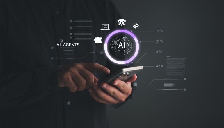 AI agent mobile interface showing user interacting with smartphone, symbolizing artificial intelligence integration, smart assistant, data analysis, and digital transformation in modern tech.