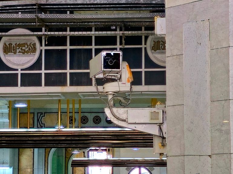 shutterstock_2637280625-1779017216 Mecca, Saudi Arabia, June 23 2024: Closed-circuit television (CCTV), also known as video surveillance inside the great grand mosque of Makkah that encloses Kaaba, it transmit a signal to monitors
