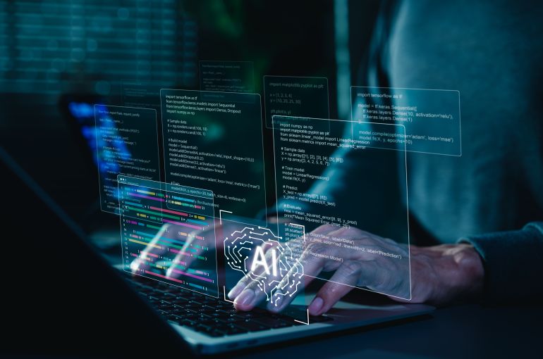 shutterstock_2646780409-1778503668 AI coding assistant for software development concept. Machine Learning Code, Programmer use laptop with code and AI brain represent artificial intelligence, AI programming, software development tools,