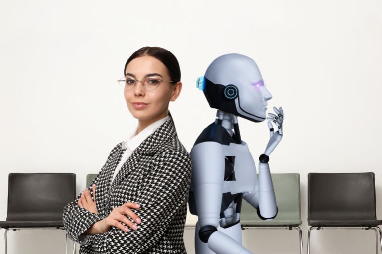 Robot and human recruiters in office with chairs. Artificial intelligence in human resources management