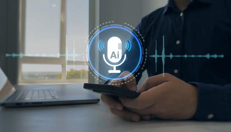 shutterstock_2682527057-1779886617 AI assistant voice chat interface.Person interacting through microphone with AI voice chat. Digital communication, speech recognition, and smart technology enabling natural conversation.