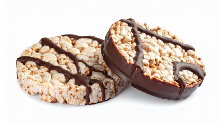 Airy cereal-based rice cake coated in rich chocolate, presented cleanly on white for a wholesome snack appeal.