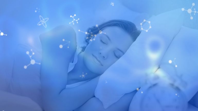 Woman is sleeping on side in flat design sleep science bedroom with molecular bonds and clock. Sleep, wellness, relaxation, neuroscience, tranquility, biotechnology, modern