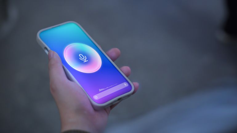 Man using phone voice assistant AI agent app to ask for help with city travel guidance and questions. artificial intelligence LLM chatbot customer service support, automated speech technology concept