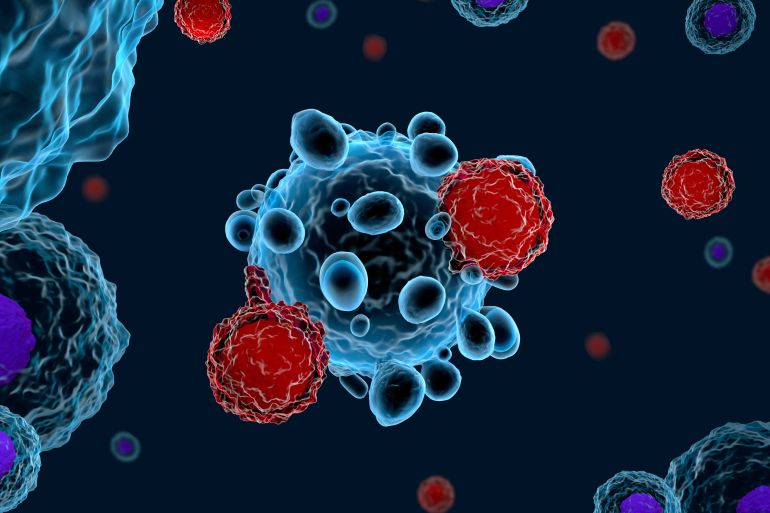 3d illustration of immune system T cells attacking cancer cells (CAR T-cell therapy)