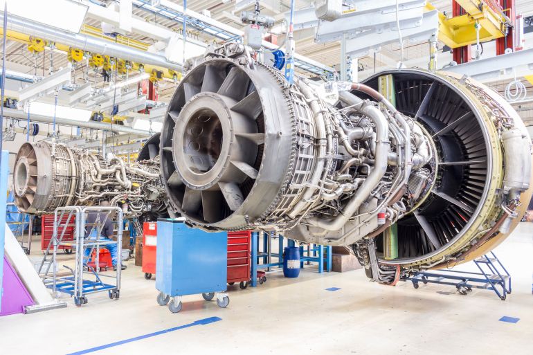 Close up of airplane engine during maintenance