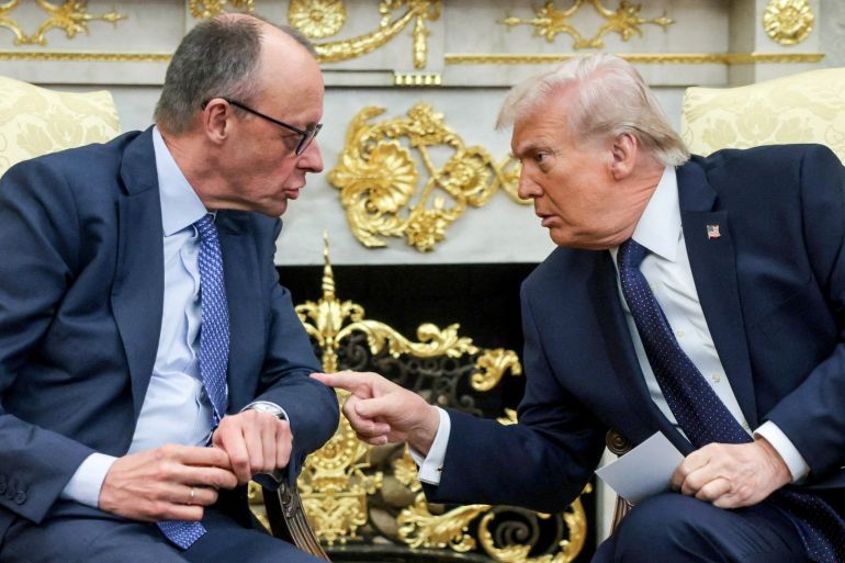 FILE PHOTO: U.S. President Donald Trump and German Chancellor Friedrich Merz meet in the Oval Office at the White House in Washington, D.C., U.S., March 3, 2026. Chancellor Friedrich Merz marks a year on office this week facing the biggest crisis with Washington in decades, after President Donald Trump moved to hit European carmakers with 25 per cent tariffs and pull thousands of troops out of Germany. REUTERS/Jonathan Ernst/File Photo