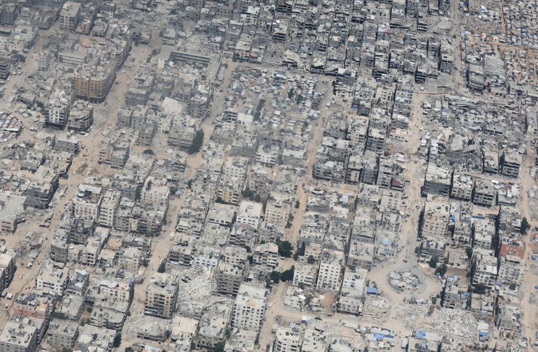 GAZA CITY, GAZA - AUGUST 6: An aerial view of Gaza City as the efforts to drop humanitarian aid supplies through parachute by military cargo planes into the city continues on August 6, 2025. (Photo by Salaheddin Mohamad/Anadolu via Getty Images)