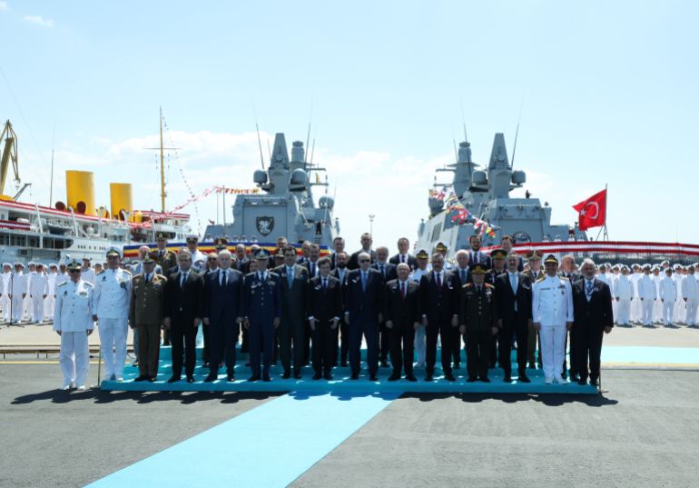 11111-1781970156 ISTANBUL, TURKIYE - JUNE 20: (----EDITORIAL USE ONLY - MANDATORY CREDIT - 'TURKISH PRESIDENCY / MUSTAFA KAMACI / HANDOUT' - NO MARKETING NO ADVERTISING CAMPAIGNS - DISTRIBUTED AS A SERVICE TO CLIENTS----) Turkish President Recep Tayyip Erdogan and the Romanian President Nicusor Dan attend the Ceremony for Delivery of Cam. Roman Offshore Patrol Vessel to Romanian Naval Forces, and for Commissioning and Flag-Raising of Turkish Naval Forces’ Platforms at Istanbul Shipyard Command in Istanbul, Turkiye on June 20, 2026. ( TUR Presidency / Mustafa Kamaci - Anadolu Agency )