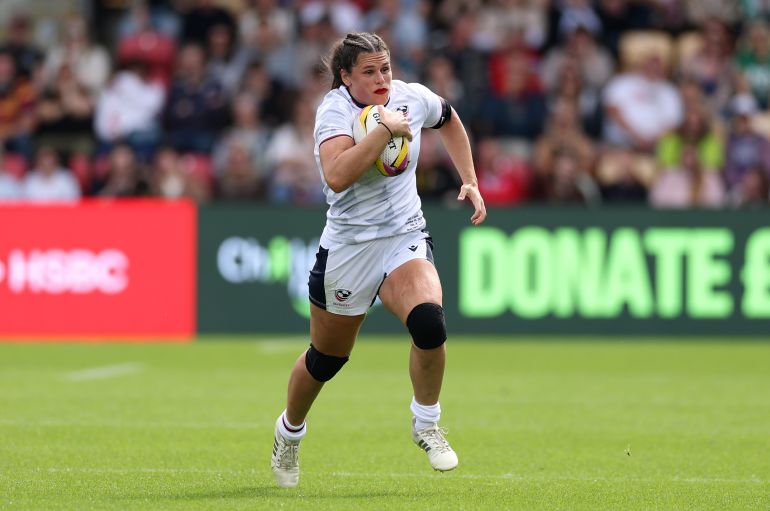 1sports-1781693716 YORK, ENGLAND - SEPTEMBER 06: Ilona Maher of USA in action during the Women's Rugby World Cup 2025 Pool A match between USA and Samoa at York Community Stadium on September 06, 2025 in York, England. (Photo by Stu Forster/Getty Images)