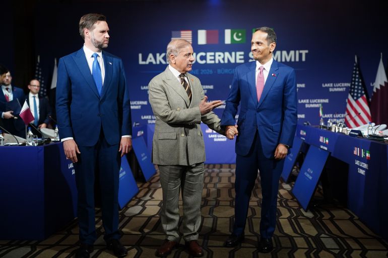 2282096530-1782056029-1 STANSSTAD, SWITZERLAND - JUNE 21: U.S. Vice President JD Vance looks on as Pakistan's Prime Minister Shehbaz Sharif speaks while gesturing towards Qatar's Prime Minister and Minister for Foreign Affairs Sheikh Mohammed bin Abdulrahman bin Jassim Al-Thani at the start of a quadrilateral meeting between the U.S., Iran, Pakistan, and Qatar at the Lake Lucerne Summit, aimed at advancing a deal to end the Middle East conflict at the Buergenstock Resort, Lake Lucerne on June 21, 2026 near Stansstad, Switzerland. Vance is visiting Switzerland for negotiations with Iran to end the war and open the Strait of Hormuz that have been delayed by Israeli strikes in Lebanon. (Photo by Nathan Howard-Pool/Getty Images)