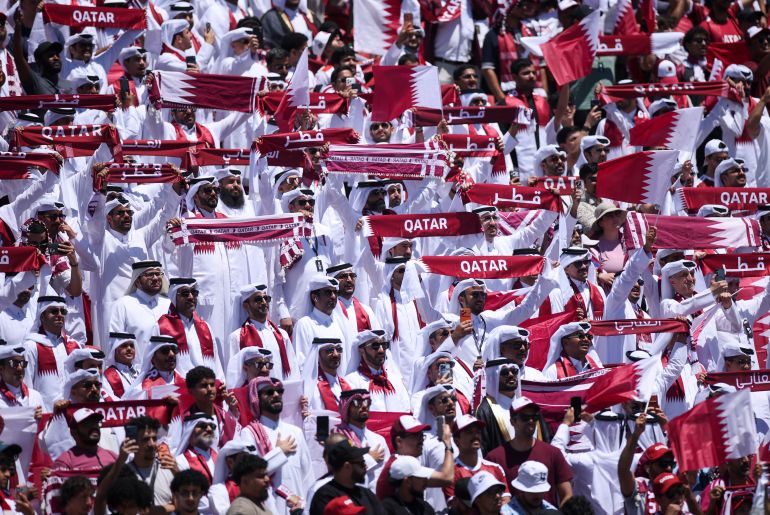 SAN FRANCISCO, CALIFORNIA - JUNE 13: Qatar fans cheer in the stands during the FIFA World Cup 2026 Group B match between Qatar and Switzerland at San Francisco Bay Area Stadium on June 13, 2026 in San Francisco, California. Alex Grimm/Getty Images/AFP (Photo by ALEX GRIMM / GETTY IMAGES NORTH AMERICA / Getty Images via AFP)
