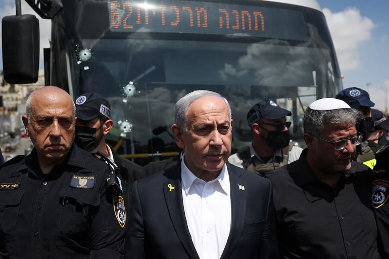 38676874-1781852598 Israel's Prime Minister Benjamin Netanyahu and National Security Minister Itamar Ben-Gvir visit the scene where a suspected shooting attack took place at the outskirts of Jerusalem September 8, 2025 REUTERS/Ronen Zvulun/Pool/File Photo Purchase Licensing Rights