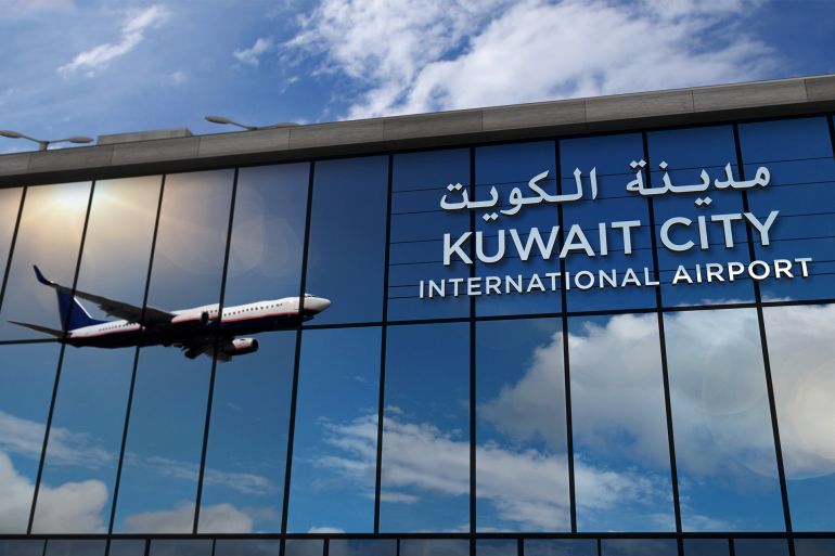 Jet aircraft landing at Kuwait City 3D rendering illustration. Arrival with the glass airport terminal and reflection of the plane. Travel, business, tourism and transport concept.