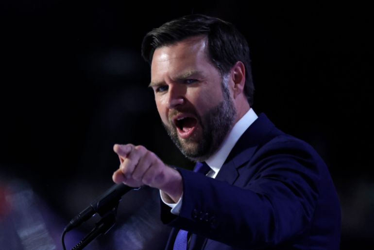 TOPSHOT - US Senator from Ohio and 2024 Republican vice presidential candidate J.D. Vance speaks during the third day of the 2024 Republican National Convention at the Fiserv Forum in Milwaukee, Wisconsin, on July 17, 2024. Days after he survived an assassination attempt Donald Trump won formal nomination as the Republican presidential candidate and picked Ohio US Senator J.D. Vance for running mate. (Photo by Kamil Krzaczynski / AFP)