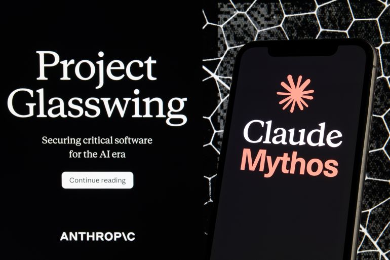 A smartphone displays the Claude Mythos application logo against a dark background with text about Anthropic's Project Glasswing initiative in San Ferdinando di Puglia, Italy, on May 17, 2026. The company's wordmark appears at the lower left of the background screen alongside a ''Continue reading'' call-to-action. The smartphone shows Claude Mythos branding with the Anthropic coral asterisk symbol. The image juxtaposes Anthropic's cybersecurity research program with its AI product lineup. (Photo Illustration by Matteo Della Torre/NurPhoto via Getty Images)