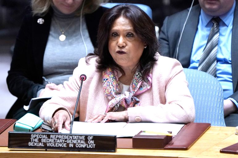 5768tyg-1780408407 NEW YORK, NY - MARCH 11: Pramila Patten, Special Representative of the Secretary-General on Sexual Violence in Conflict, speaks during the Security Council at the United Nations Headquarters on March 11, 2024 in New York City. Delegates to the Security Council discuss the situation in the Middle East including steps needed for a cease fire between Israel and Hamas. (Photo by John Lamparski/Getty Images)