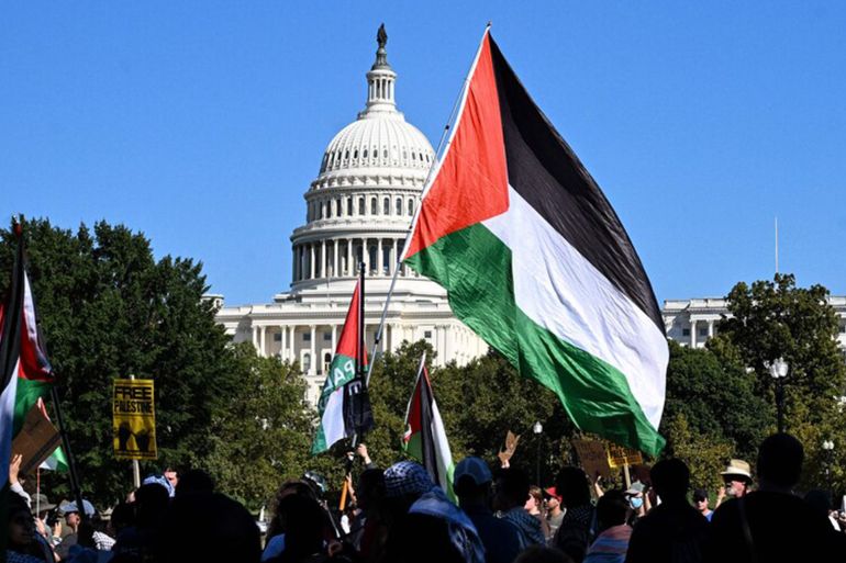 Protesters march during the "Rise Up for Gaza" international day of action on Capitol Hill in Washington, DC on October 4, 2025. (Photo by Alex Wroblewski / AFP) ©AFP or licensors
