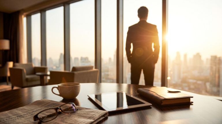 المصدر: أدوبي ستوك Confident businessman observing the vibrant city skyline at sunrise from a luxurious office.