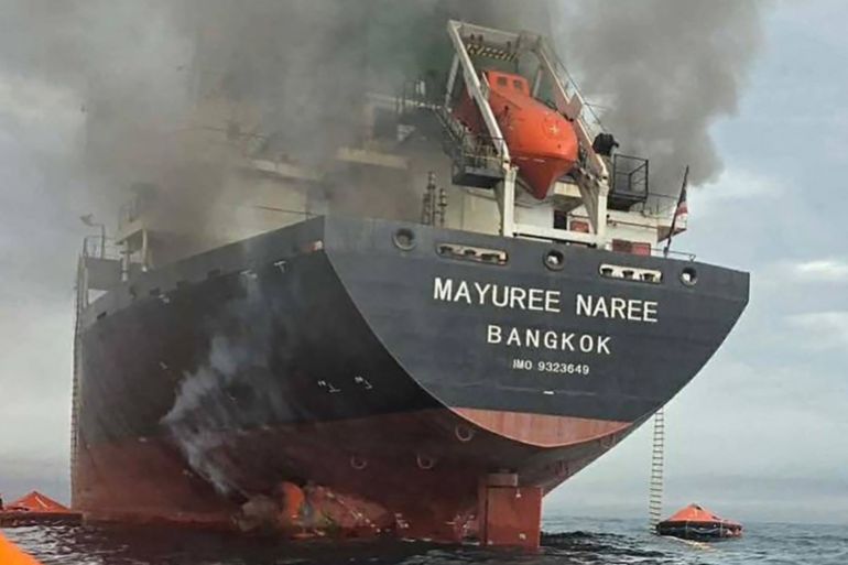 afo-3-1781635350 This handout photo taken on March 11, 2026 and released by the Royal Thai Navy shows smoke rising from the Thai bulk carrier 'Mayuree Naree' near the Strait of Hormuz after an attack. A Thai bulk carrier travelling in the crucial Strait of Hormuz was attacked March 11, with 20 crew members rescued so far, the Thai navy said. (Photo by Handout / ROYAL THAI NAVY / AFP) / -----EDITORS NOTE --- RESTRICTED TO EDITORIAL USE - MANDATORY CREDIT "AFP PHOTO / ROYAL THAI NAVY " - NO MARKETING - NO ADVERTISING CAMPAIGNS - DISTRIBUTED AS A SERVICE TO CLIENTS -