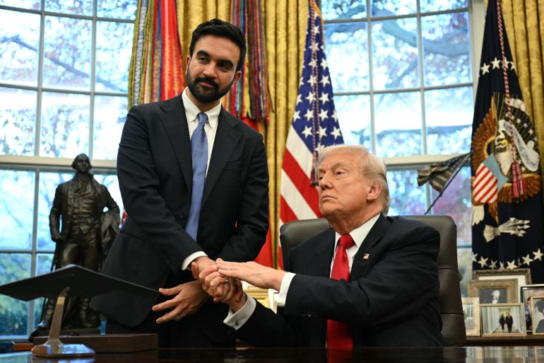 US President Donald Trump (R) shakes hands with New York Mayor-elect Zohran Mamdani as they meet in the Oval Office of the White House in Washington, DC, on November 21, 2025. (Photo by Jim WATSON / AFP)