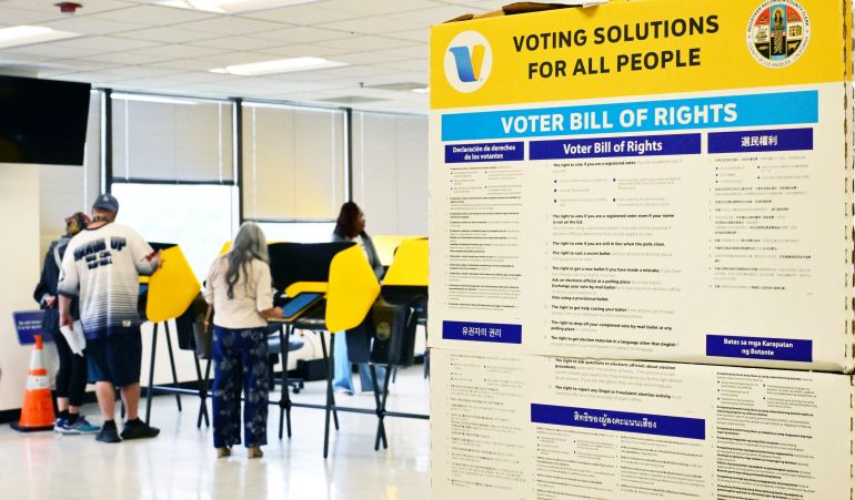 People vote at a polling location at the Los Angeles County Registrar during early voting in the state's primary election in Norwalk, California, on June 1, 2026.