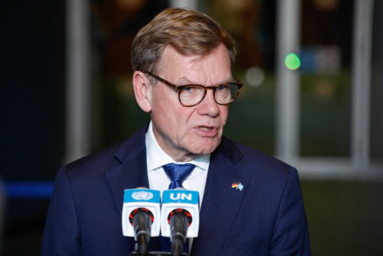 German Foreign Minister Johann Wadephul speaks to the press following the election of the non-permanent members of the UN Security Council, during a meeting of the United Nations General Assembly at the UN headquarters in New York City on June 3, 2026.