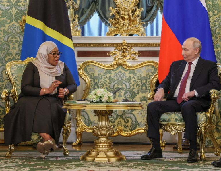 Russia's President Vladimir Putin and his Tanzania's counterpart Samia Suluhu Hassan attend a meeting at the Kremlin in Moscow on June 3, 2026. (Photo by Ramil Sitdikov / POOL / AFP)