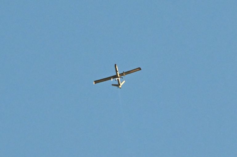 A drone is seen flying above the skyline of Beirut’s southern suburbs, on June 5, 2026.