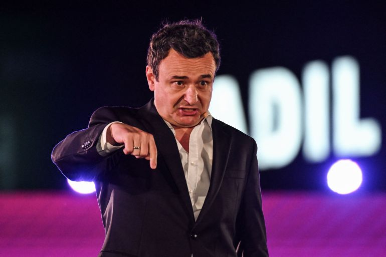 Kosovo's Prime Minister Albin Kurti delivers a speech as he addresses his supporters during a closing rally ahead of the parliamentary elections in Kosovo, in Pristina on June 6, 2026.