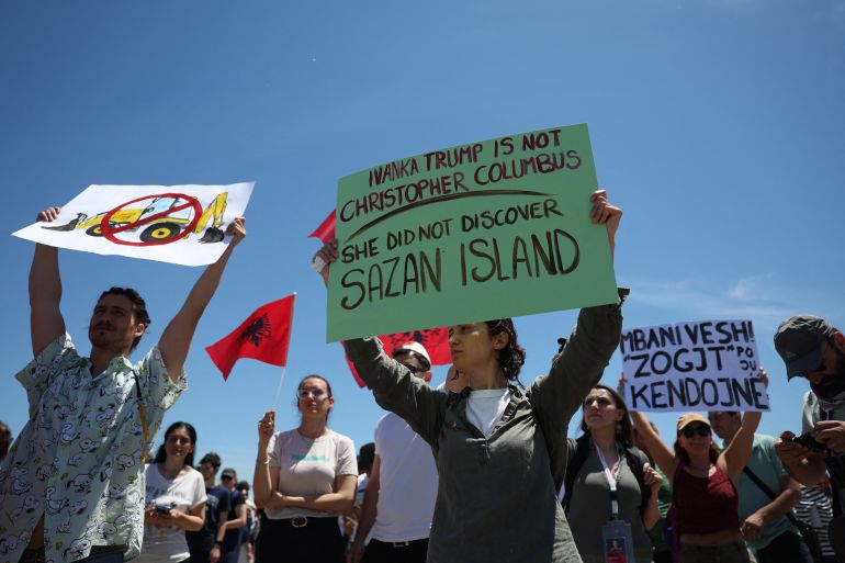 afp_6a25124d34b9-1780814413 People take part in a demonstration against the construction of a luxury resort near a protected natural area in Zvernec near Vlore on June 6, 2026.