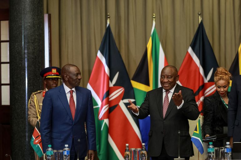 afp_6a2513a70a77-1780814759 South Africa's President Cyril Ramaphosa (2nd R) gives opening remarks during his meeting with Kenya's President William Ruto (L) at the Union Buildings in Pretoria on June 4, 2026. (Photo by PHILL MAGAKOE / AFP)