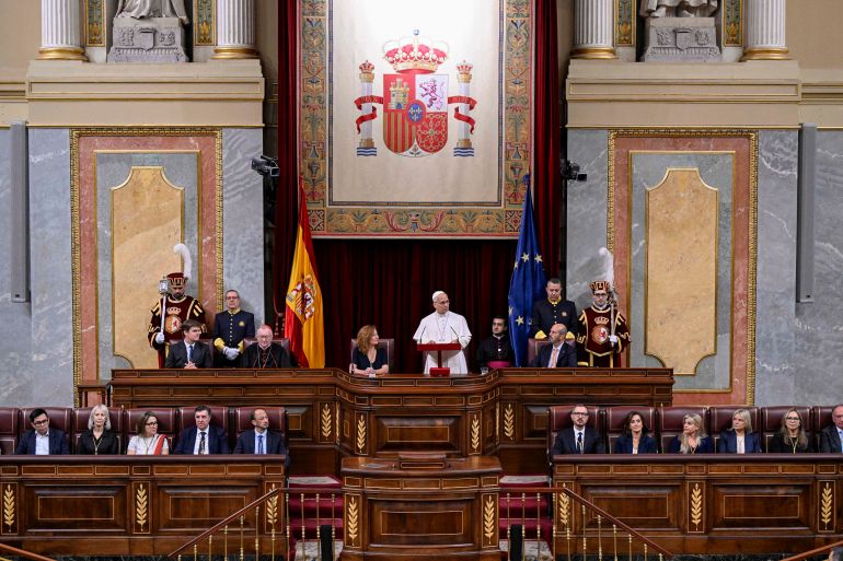 afp_6a26a5172aee-1780917527 This handout photo taken and released on June 8, 2026 by The Vatican Media shows Pope Leo XIV delivering a speech during a joint session of the Spanish Parliament at the Congress of Deputies in Madrid on June 8, 2026.