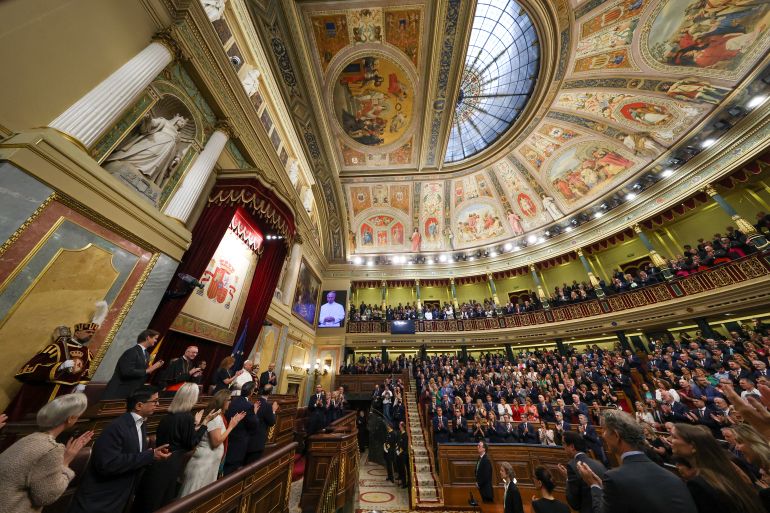 afp_6a26a57cf133-1780917629 Pope Leo XIV is applauded during a joint session of the Spanish Parliament at the Congress of Deputies in Madrid on June 8, 2026.